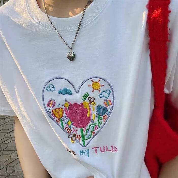 Tulip Embroidery Y2K Aesthetic T-Shirt for Cute and Comfy Outfits