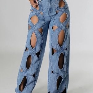 Twisted Rivet Cutout Denim Pants - Y2K Aesthetic Grunge Style Bottoms