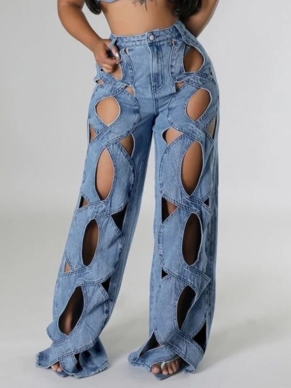 Twisted Rivet Cutout Denim Pants - Y2K Aesthetic Grunge Style Bottoms