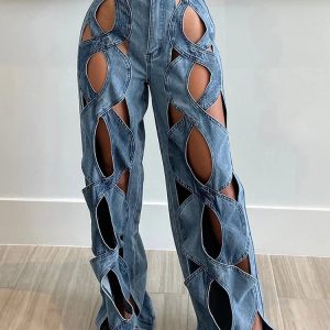 Twisted Rivet Cutout Denim Pants - Y2K Aesthetic Grunge Style Bottoms