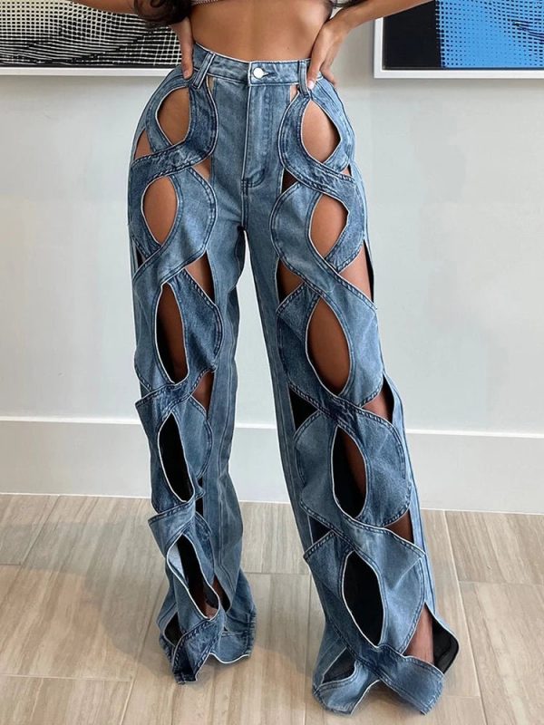 Twisted Rivet Cutout Denim Pants - Y2K Aesthetic Grunge Style Bottoms