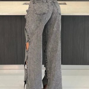 Twisted Rivet Cutout Denim Pants - Y2K Aesthetic Grunge Style Bottoms