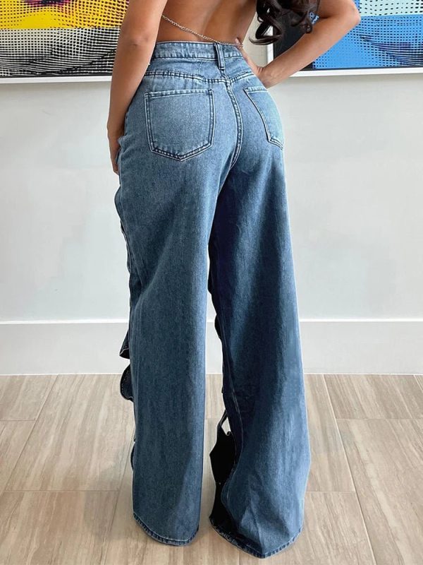 Twisted Rivet Cutout Denim Pants - Y2K Aesthetic Grunge Style Bottoms