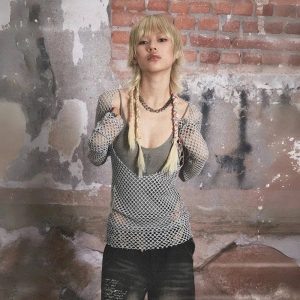 Urban Edge Fishnet Top: Y2K Grunge Aesthetic for Trendy Outfits