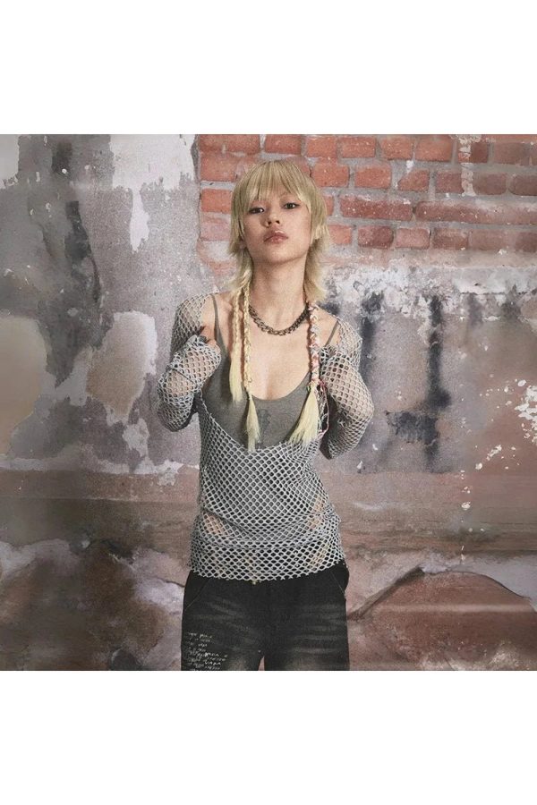 Urban Edge Fishnet Top: Y2K Grunge Aesthetic for Trendy Outfits