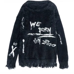 Urban Rebel Fuzzy Graffiti Sweater - Y2K Aesthetic Cozy Top