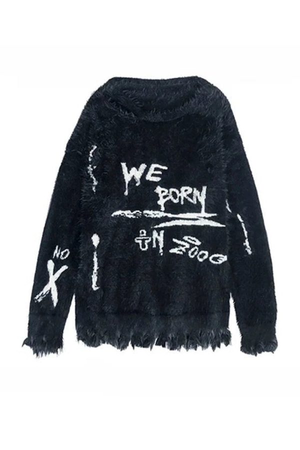 Urban Rebel Fuzzy Graffiti Sweater - Y2K Aesthetic Cozy Top