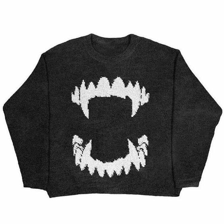 Vampire Teeth Oversized Hoodie for Y2K Aesthetic and Grunge Style