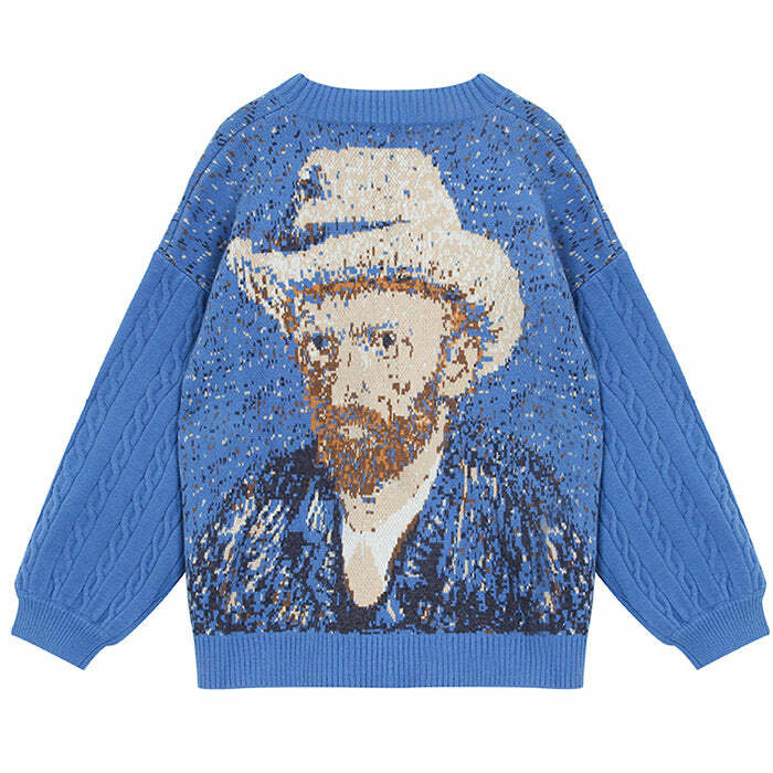 Van Gogh Self-Portrait Knit Cardigan - Y2K Aesthetic Cozy Layering