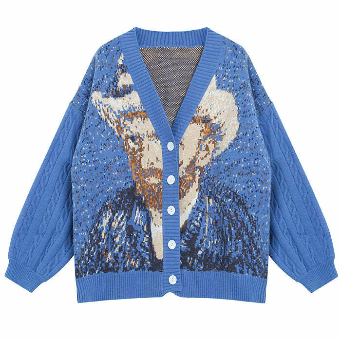 Van Gogh Self-Portrait Knit Cardigan - Y2K Aesthetic Cozy Layering