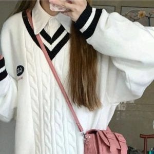 Varsity Vibe Cable Knit Sweater - Y2K Aesthetic Cozy Fall Essential