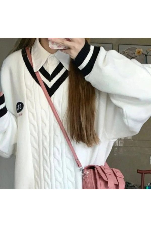 Varsity Vibe Cable Knit Sweater - Y2K Aesthetic Cozy Fall Essential