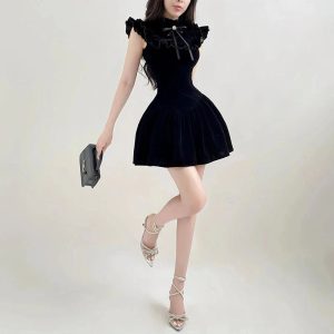 Velvet Ruffle Mini Dress - Y2K Aesthetic Cute Dress for Stylish Looks