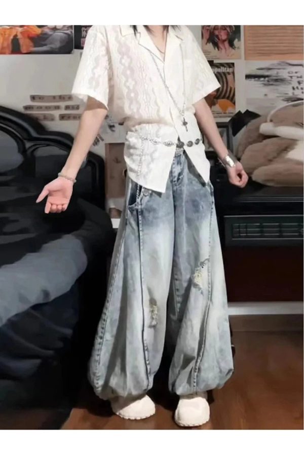 Vintage Balloon Wide-Leg Jeans for Y2K Aesthetic and Grunge Style