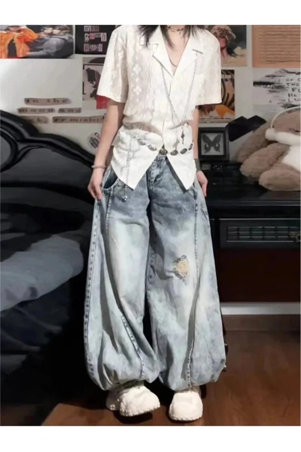 Vintage Balloon Wide-Leg Jeans for Y2K Aesthetic and Grunge Style