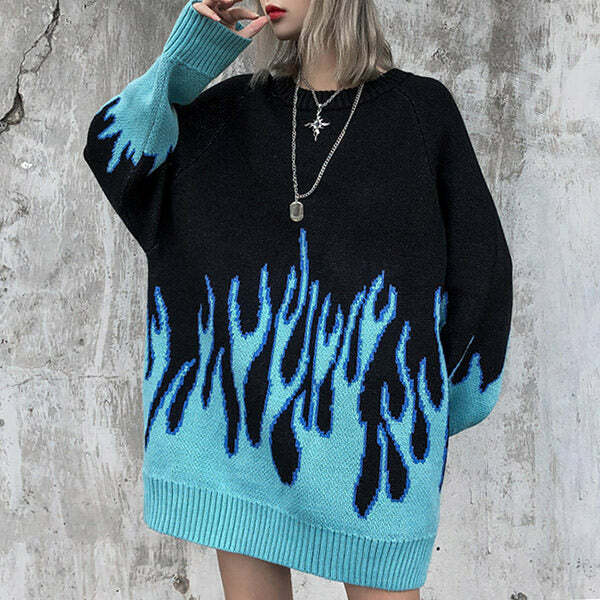 Vintage Blue Flame Sweater - Y2K Aesthetic Comfy Hoodie for Trendy Looks