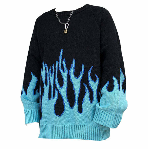 Vintage Blue Flame Sweater - Y2K Aesthetic Comfy Hoodie for Trendy Looks