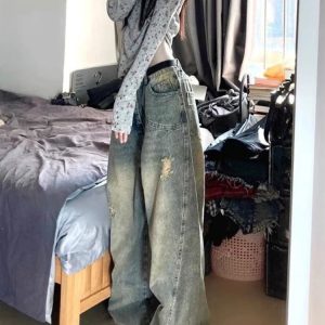 Vintage Fade Distressed Wide-Leg Jeans for Y2K Aesthetic Outfits