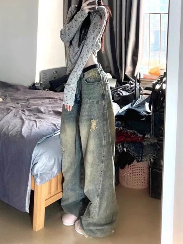 Vintage Fade Distressed Wide-Leg Jeans for Y2K Aesthetic Outfits