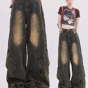 Vintage Fade Patchwork Jeans for Y2K Aesthetic and Grunge Style Lovers