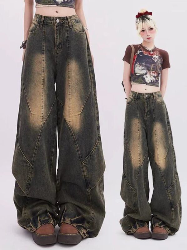 Vintage Fade Patchwork Jeans for Y2K Aesthetic and Grunge Style Lovers