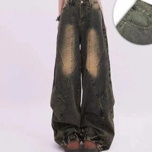 Vintage Fade Patchwork Jeans for Y2K Aesthetic and Grunge Style Lovers