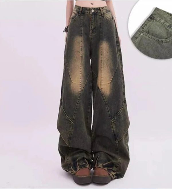 Vintage Fade Patchwork Jeans for Y2K Aesthetic and Grunge Style Lovers