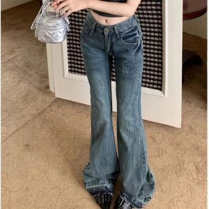 Vintage Flare Denim Jeans for Y2K Aesthetic and Grunge Style Lovers