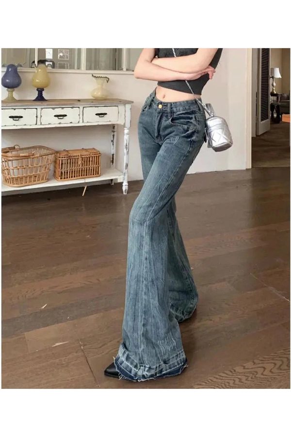 Vintage Flare Denim Jeans for Y2K Aesthetic and Grunge Style Lovers