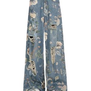 Vintage Floral Wide-Leg Jeans for Y2K Aesthetic and Coquette Style