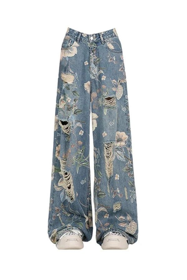 Vintage Floral Wide-Leg Jeans for Y2K Aesthetic and Coquette Style