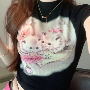 Vintage Kitten Graphic Top - Y2K Aesthetic Cute Tee for Cozy Outfits