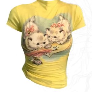 Vintage Kitten Graphic Top - Y2K Aesthetic Cute Tee for Cozy Outfits