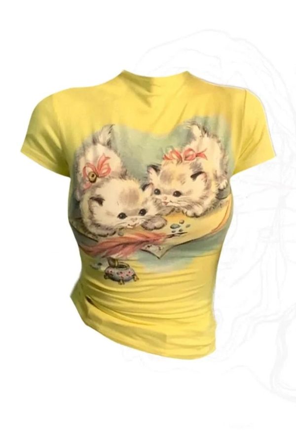 Vintage Kitten Graphic Top - Y2K Aesthetic Cute Tee for Cozy Outfits