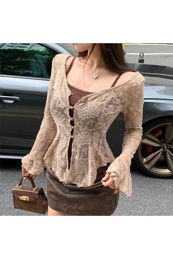 Vintage Lace Flare Sleeve Blouse - Y2K Aesthetic Cute Top for Fall