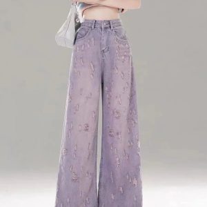 Vintage Lilac Distressed Wide-Leg Jeans for Y2K Aesthetic Outfits