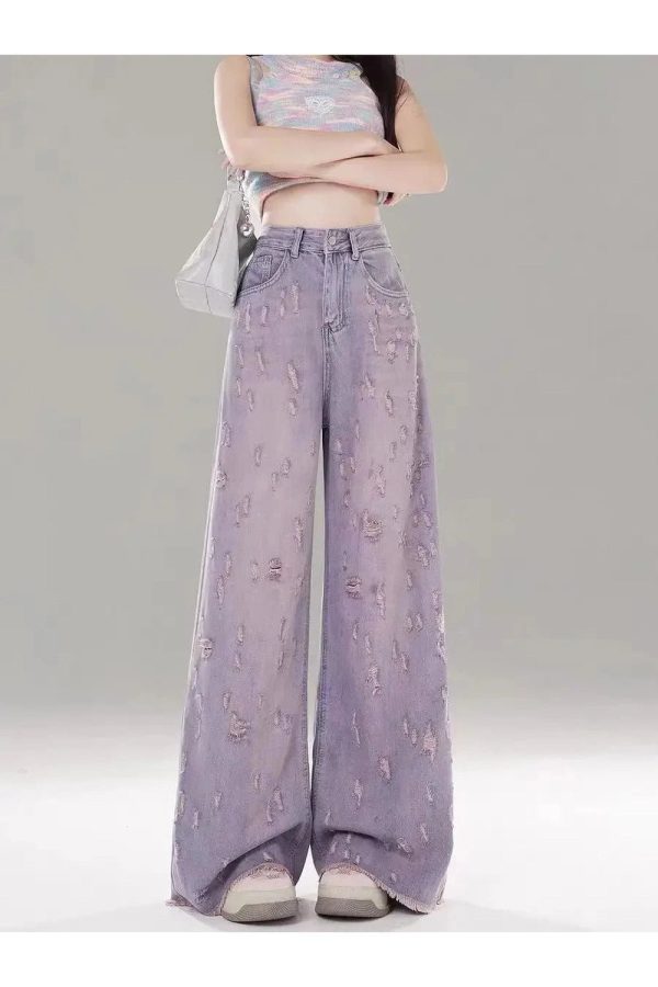 Vintage Lilac Distressed Wide-Leg Jeans for Y2K Aesthetic Outfits