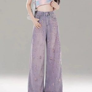 Vintage Lilac Distressed Wide-Leg Jeans for Y2K Aesthetic Outfits