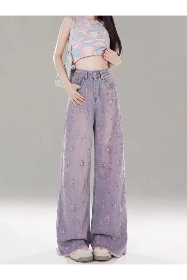 Vintage Lilac Distressed Wide-Leg Jeans for Y2K Aesthetic Outfits