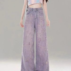 Vintage Lilac Distressed Wide-Leg Jeans for Y2K Aesthetic Outfits