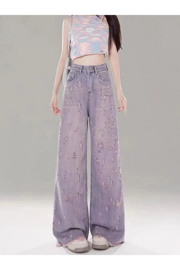 Vintage Lilac Distressed Wide-Leg Jeans for Y2K Aesthetic Outfits