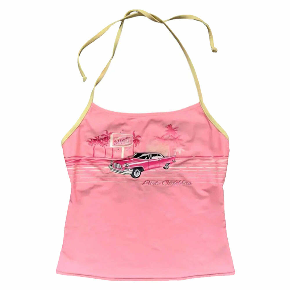 Vintage Pink Car Y2K Halter Top - Cute Aesthetic for Y2K Fashion Lovers