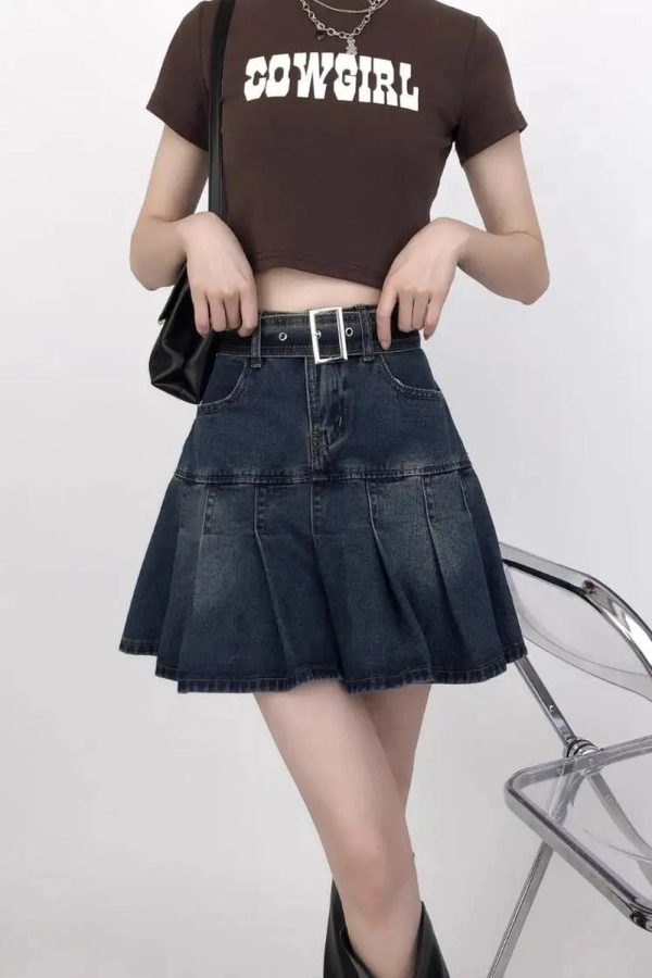 Vintage Pleated Denim Mini Skirt for Y2K Aesthetic and Grunge Style