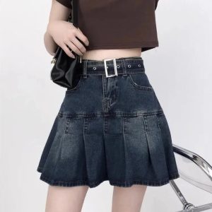 Vintage Pleated Denim Mini Skirt for Y2K Aesthetic and Grunge Style