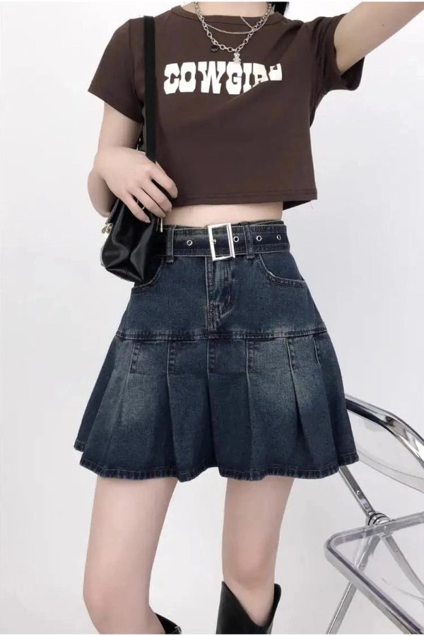 Vintage Pleated Denim Mini Skirt for Y2K Aesthetic and Grunge Style