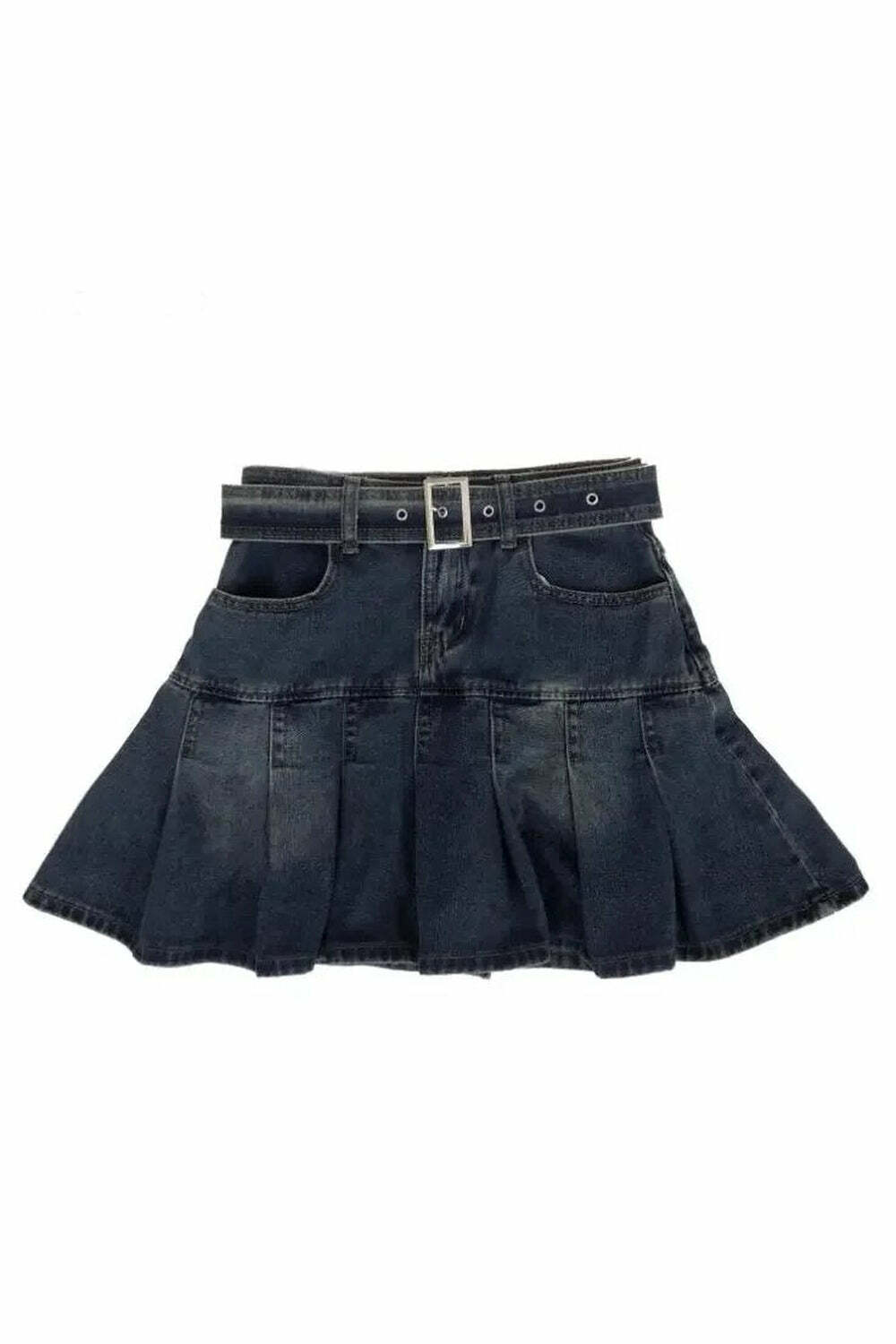 Vintage Pleated Denim Mini Skirt for Y2K Aesthetic and Grunge Style