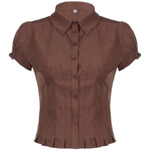 Vintage Puff Sleeve Button-Up Blouse in Y2K Aesthetic Style