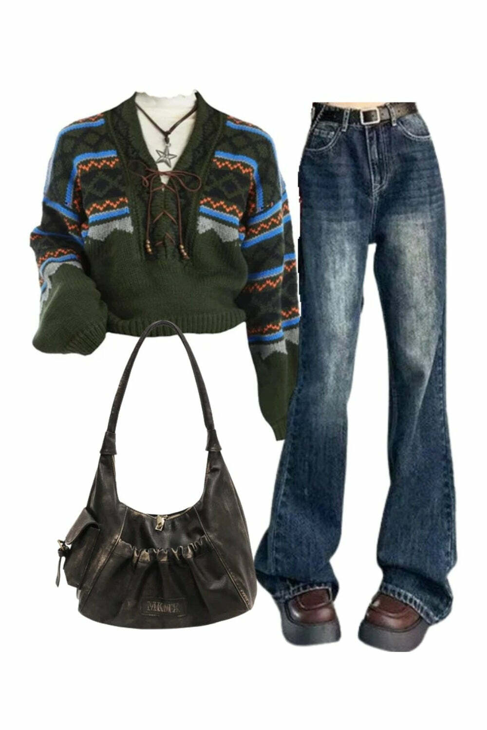 Vintage Wash Flare Jeans & Fair Isle Lace-Up Sweater with Rustic Bag