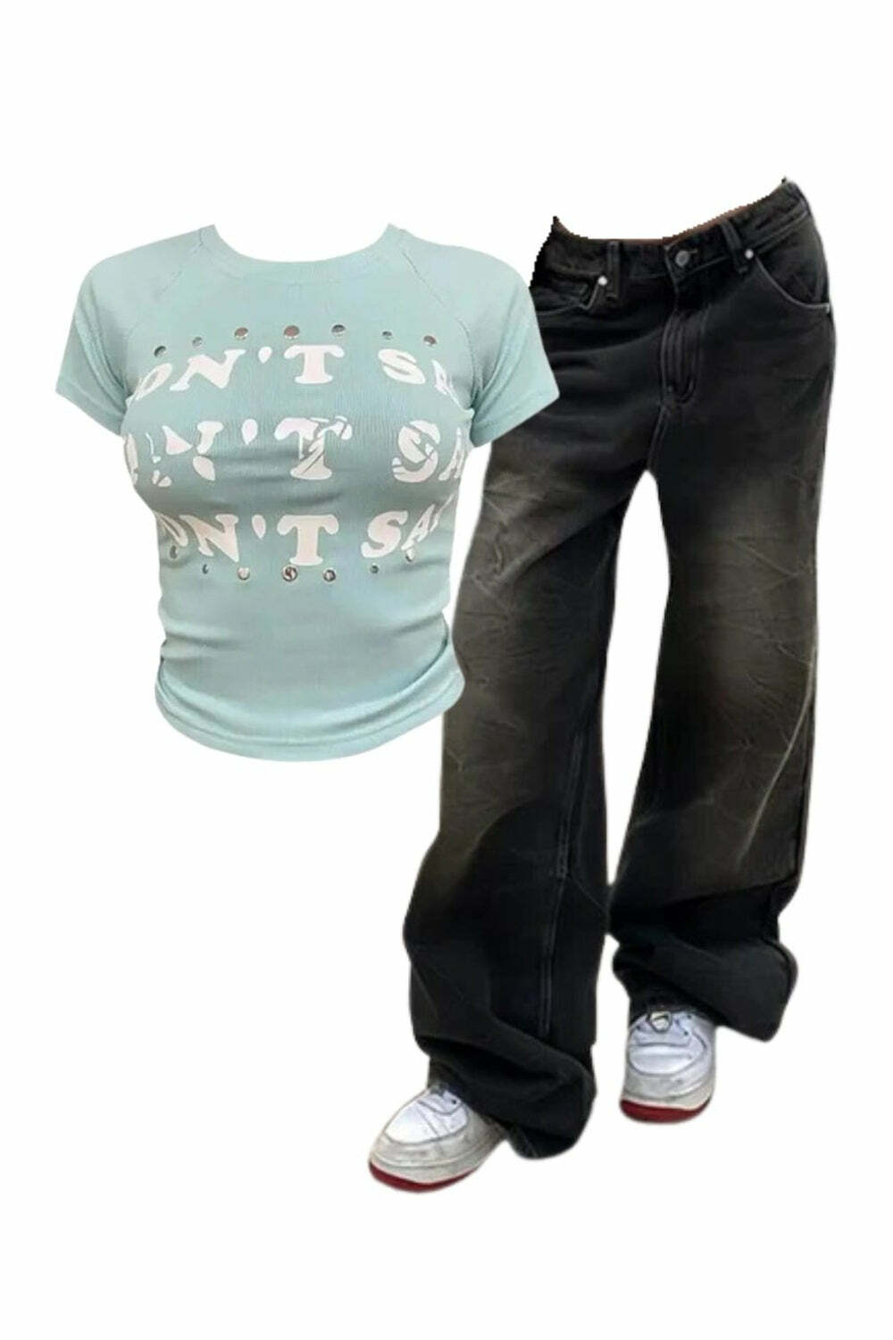 Vintage Washed Baggy Jeans & Studded Graphic Baby Top for Y2K Aesthetic