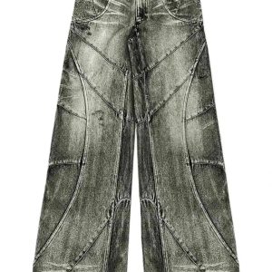 Vintage Washed Patchwork Jeans for Y2K Aesthetic and Grunge Style